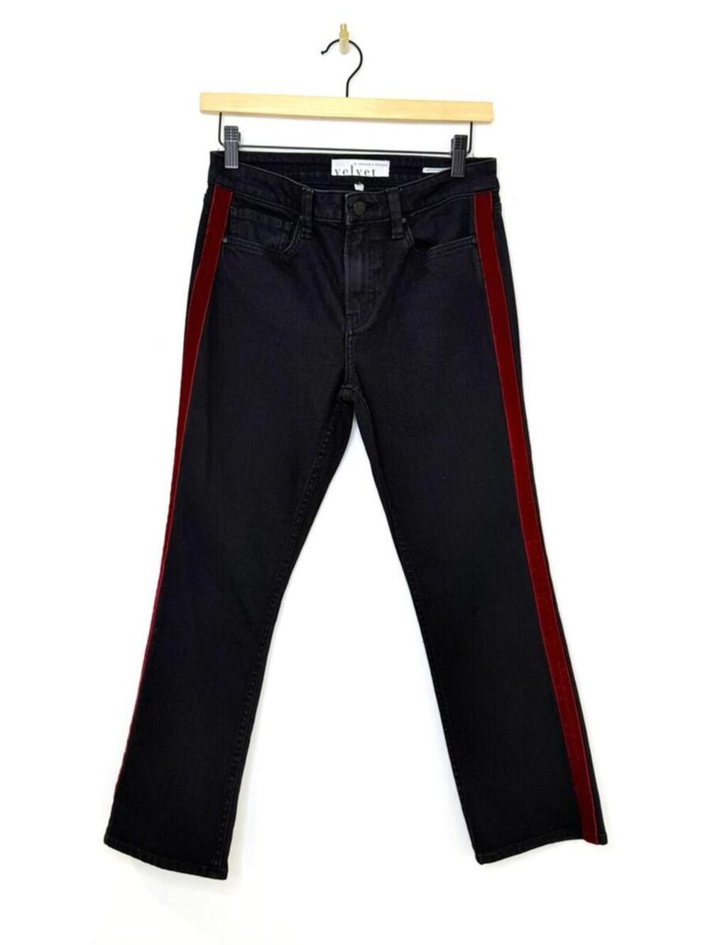 Velvet High-Waisted Black Jeans with Red Side Stripe